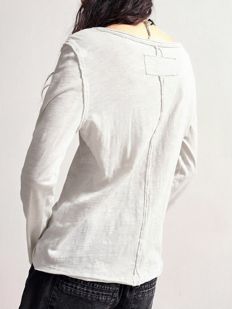 Bohemela Casual Solid Color Knit V-Neck Long Sleeve Washed Women's T-Shirt - White - View 4