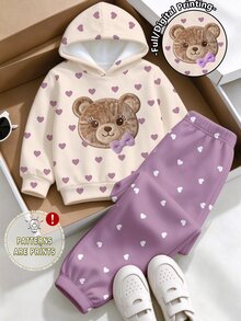 幼童女童 2 件組奶油色卡通熊愛心印花套頭連帽衫與紫色運動長褲套裝，白色上衣，冬季穿搭 - 彩色 - 查看 4