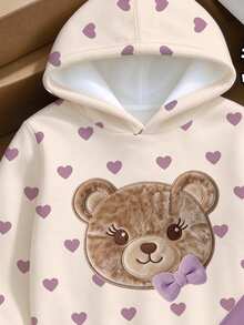 幼童女童 2 件組奶油色卡通熊愛心印花套頭連帽衫與紫色運動長褲套裝，白色上衣，冬季穿搭 - 彩色 - 查看 7