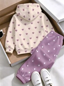 幼童女童 2 件組奶油色卡通熊愛心印花套頭連帽衫與紫色運動長褲套裝，白色上衣，冬季穿搭 - 彩色 - 查看 2