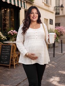 SHEIN ملابس علوية حوامل مقاس كبير أنيقة بأكمام طويلة وياقة مربعة وأزرار لؤلؤية أمامية وقصة A-Line وحافة سفلية، بيج، من نسيج جاكار محبوك بنقشة موحدة، للخريف - لون مشمشي - مشاهدة 1
