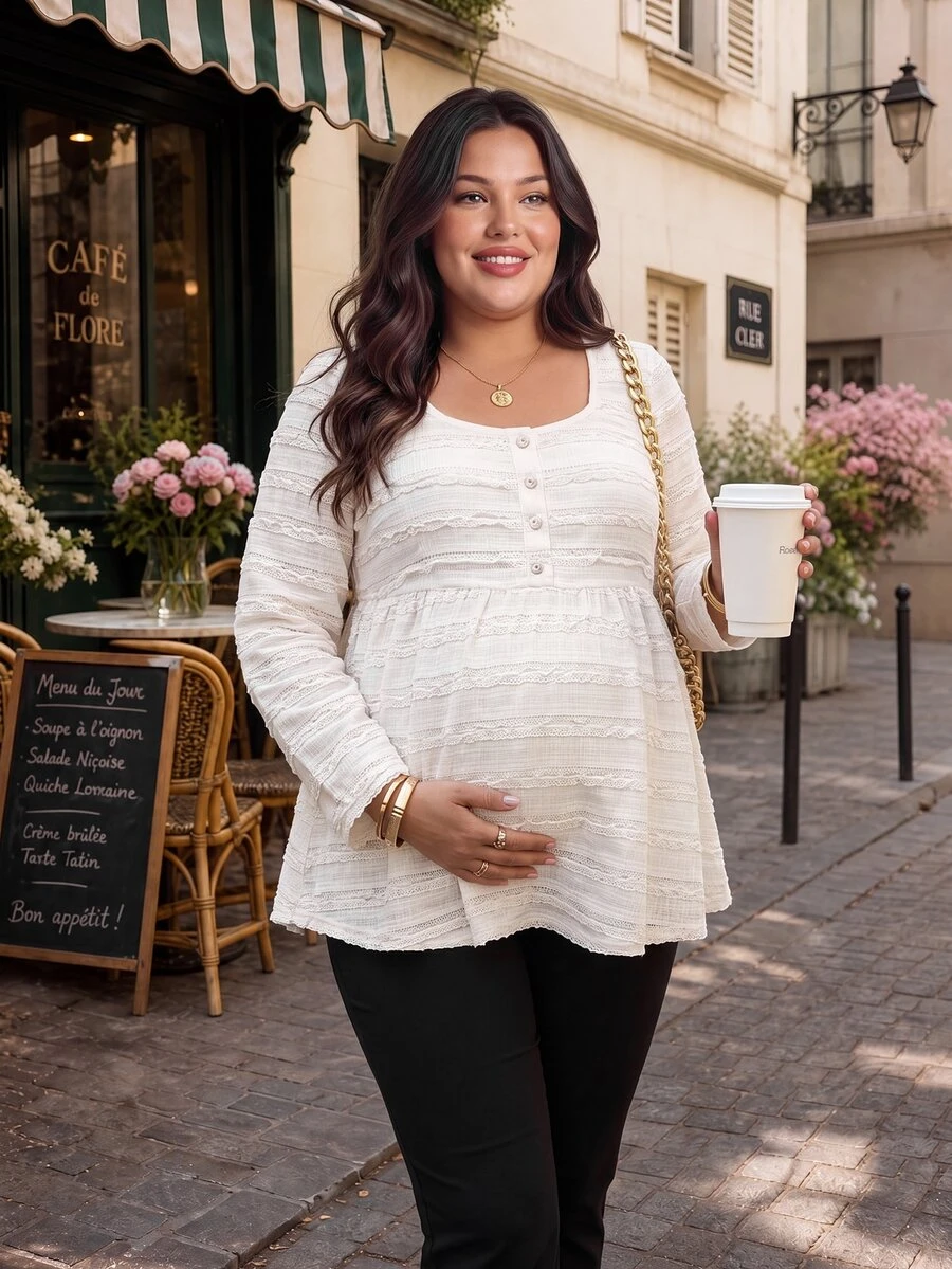SHEIN ملابس علوية حوامل مقاس كبير أنيقة بأكمام طويلة وياقة مربعة وأزرار لؤلؤية أمامية وقصة A-Line وحافة سفلية، بيج، من نسيج جاكار محبوك بنقشة موحدة، للخريف - لون مشمشي - مشاهدة 1