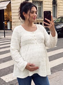 SHEIN ملابس علوية حوامل مقاس كبير أنيقة بأكمام طويلة وياقة مربعة وأزرار لؤلؤية أمامية وقصة A-Line وحافة سفلية، بيج، من نسيج جاكار محبوك بنقشة موحدة، للخريف - لون مشمشي - مشاهدة 3