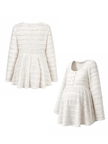SHEIN ملابس علوية حوامل مقاس كبير أنيقة بأكمام طويلة وياقة مربعة وأزرار لؤلؤية أمامية وقصة A-Line وحافة سفلية، بيج، من نسيج جاكار محبوك بنقشة موحدة، للخريف - لون مشمشي - مشاهدة 6