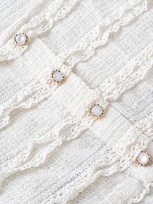 SHEIN ملابس علوية حوامل مقاس كبير أنيقة بأكمام طويلة وياقة مربعة وأزرار لؤلؤية أمامية وقصة A-Line وحافة سفلية، بيج، من نسيج جاكار محبوك بنقشة موحدة، للخريف - لون مشمشي - مشاهدة 9