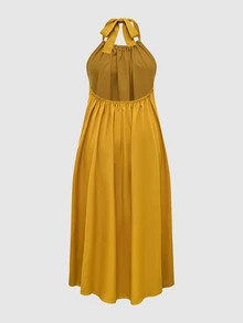 Breezaya Women's Solid Color Loose Halter Midi Casual Yellow Dress For Vacation - Yellow - View 2