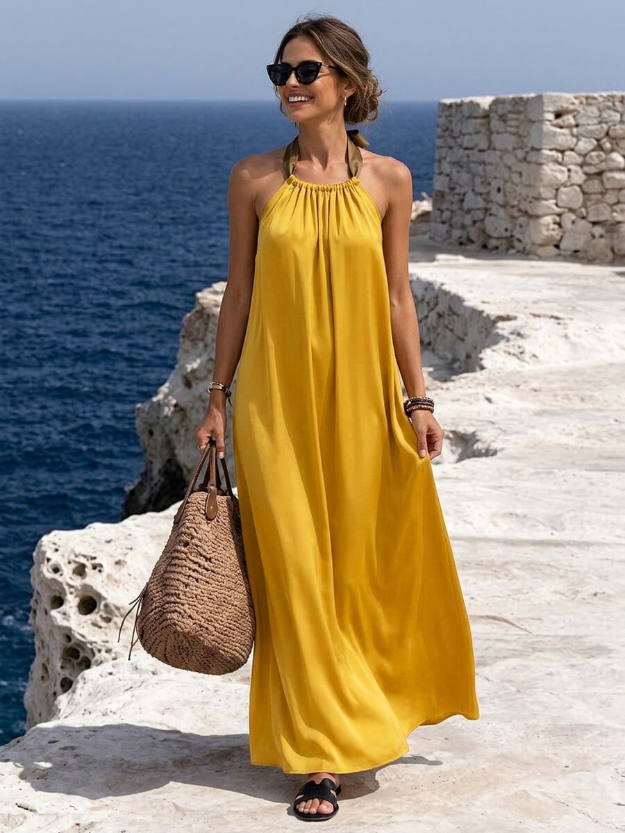 Breezaya Women's Solid Color Loose Halter Midi Casual Yellow Dress For Vacation - Yellow - View 1