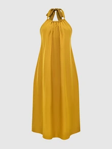Breezaya Women's Solid Color Loose Halter Midi Casual Yellow Dress For Vacation - Yellow - View 7