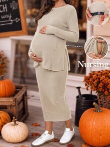 SHEIN 孕婦素色圓領長袖T恤與可調腰圍裙 2件套 秋季感恩節之夜哺乳米色寬鬆套裝 - 杏色 - 查看 1