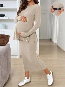 SHEIN 孕婦素色圓領長袖T恤與可調腰圍裙 2件套 秋季感恩節之夜哺乳米色寬鬆套裝 - 杏色 - 查看 9