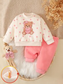 SHEIN 1-6個月新生女嬰韓式甜美秋季長袖圓領衛衣2件套，嬰兒粉色波點3D卡通毛絨熊愛心印花上衣搭配純色長褲，時尚可愛女嬰束口運動褲套裝 - 粉色 - 查看 6