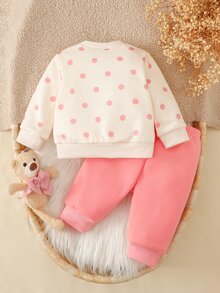 SHEIN 1-6個月新生女嬰韓式甜美秋季長袖圓領衛衣2件套，嬰兒粉色波點3D卡通毛絨熊愛心印花上衣搭配純色長褲，時尚可愛女嬰束口運動褲套裝 - 粉色 - 查看 7