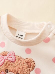 SHEIN 1-6個月新生女嬰韓式甜美秋季長袖圓領衛衣2件套，嬰兒粉色波點3D卡通毛絨熊愛心印花上衣搭配純色長褲，時尚可愛女嬰束口運動褲套裝 - 粉色 - 查看 11