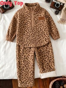 Girls Brown Leopard Print Half-Zip Sweatshirt, Casual Animal Pattern Stand Collar Pullover, Comfortable Autumn/Winter Outfit - Multicolor - View 3
