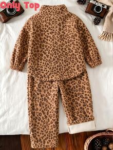 Girls Brown Leopard Print Half-Zip Sweatshirt, Casual Animal Pattern Stand Collar Pullover, Comfortable Autumn/Winter Outfit - Multicolor - View 2