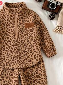Girls Brown Leopard Print Half-Zip Sweatshirt, Casual Animal Pattern Stand Collar Pullover, Comfortable Autumn/Winter Outfit - Multicolor - View 4