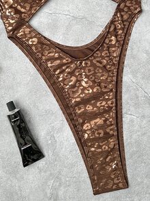 SHEIN Swim 女士性感金属质感连体泳衣，金色箔片纹理面料，不对称金属环装饰，深V镂空性感度假连体泳衣，适合沙滩派对、休闲度假高衩连体泳衣 - 彩色 - 查看 6