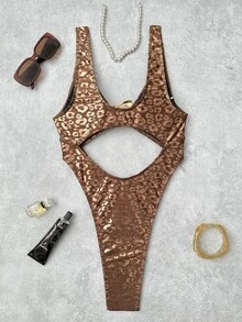 SHEIN Swim 女士性感金属质感连体泳衣，金色箔片纹理面料，不对称金属环装饰，深V镂空性感度假连体泳衣，适合沙滩派对、休闲度假高衩连体泳衣 - 彩色 - 查看 2