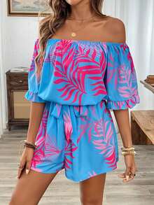 Breezaya Off Shoulder Hawaiian Style Jumpsuit With Puff Sleeves, Elastic Waist And Shorts - Multicolor - View 7