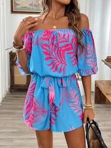 Breezaya Off Shoulder Hawaiian Style Jumpsuit With Puff Sleeves, Elastic Waist And Shorts - Multicolor - View 5