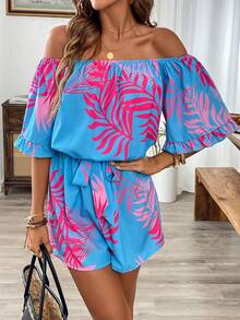 Breezaya Off Shoulder Hawaiian Style Jumpsuit With Puff Sleeves, Elastic Waist And Shorts - Multicolor - View 6