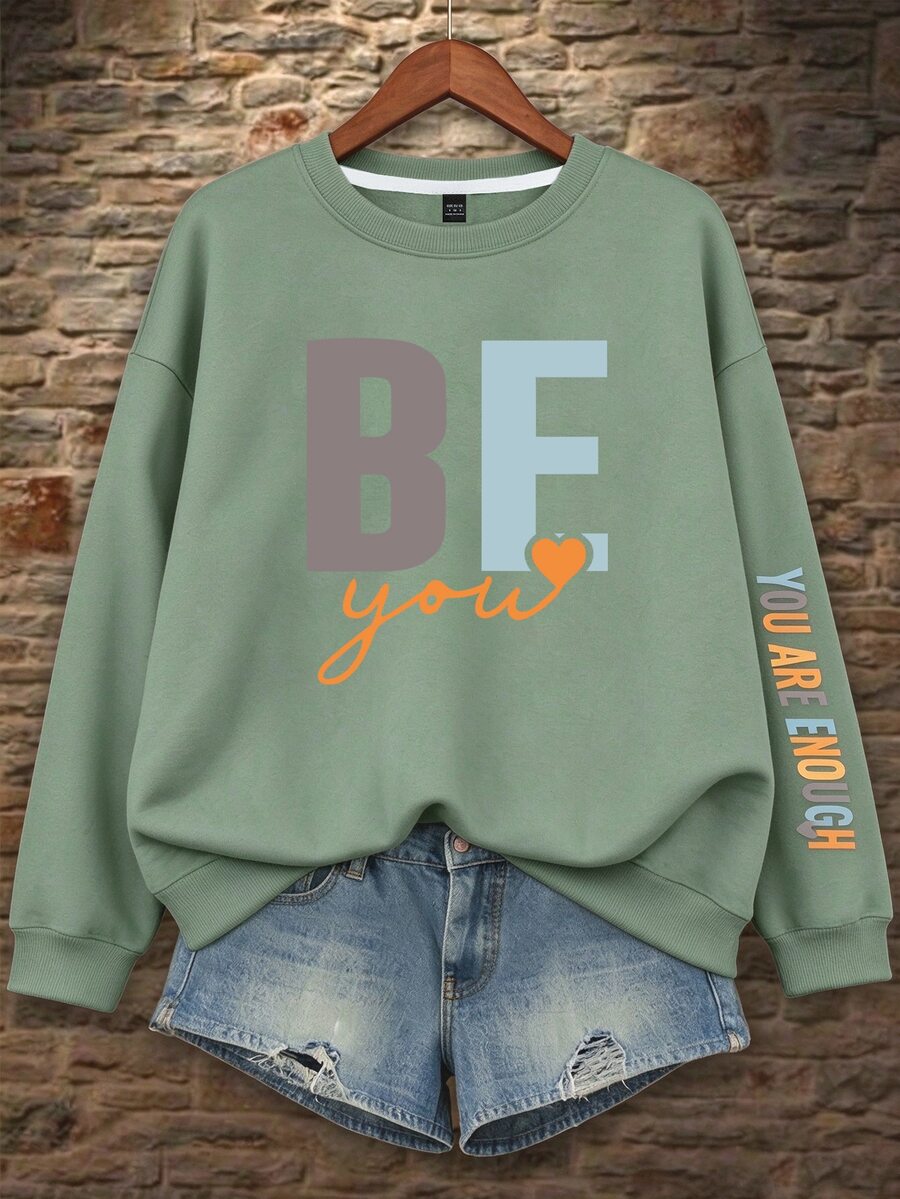 SHEIN LUNE 女款簡約 BE YOU,YOU ARE ENOUGH 字母印花運動衫 - 綠色 - 查看 1