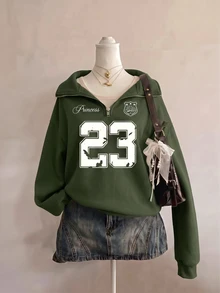 SHEIN Sweetra Young 青少年女孩抓絨秋季服飾 休閒 #23 圖案寬鬆大號衛衣 保暖 秋冬穿搭 舒適 日常 長袖 寬鬆 - 軍綠色 - 查看 1