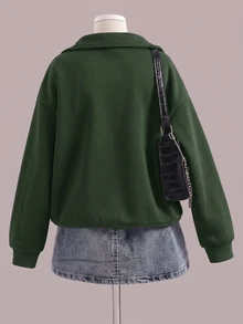 SHEIN Sweetra Young 青少年女孩抓絨秋季服飾 休閒 #23 圖案寬鬆大號衛衣 保暖 秋冬穿搭 舒適 日常 長袖 寬鬆 - 軍綠色 - 查看 2