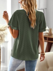 Breezaya Solid Color Lace Patchwork Notched Neckline Shirt,Short Sleeve Tops - Army Green - View 2