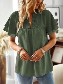 Breezaya Solid Color Lace Patchwork Notched Neckline Shirt,Short Sleeve Tops - Army Green - View 6