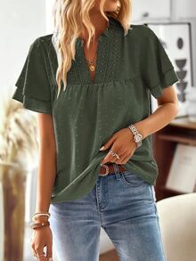 Breezaya Solid Color Lace Patchwork Notched Neckline Shirt,Short Sleeve Tops - Army Green - View 7