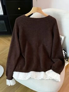 GlowEve CURVE Plus Size Women's Casual Dressy Traditional Lace Patchwork Ruffle Long Sleeve Button Round Neck Knit Cardigan Office Formal Formal Grey Autumn Winter - Coffee Brown - View 2