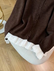 GlowEve CURVE Plus Size Women's Casual Dressy Traditional Lace Patchwork Ruffle Long Sleeve Button Round Neck Knit Cardigan Office Formal Formal Grey Autumn Winter - Coffee Brown - View 6