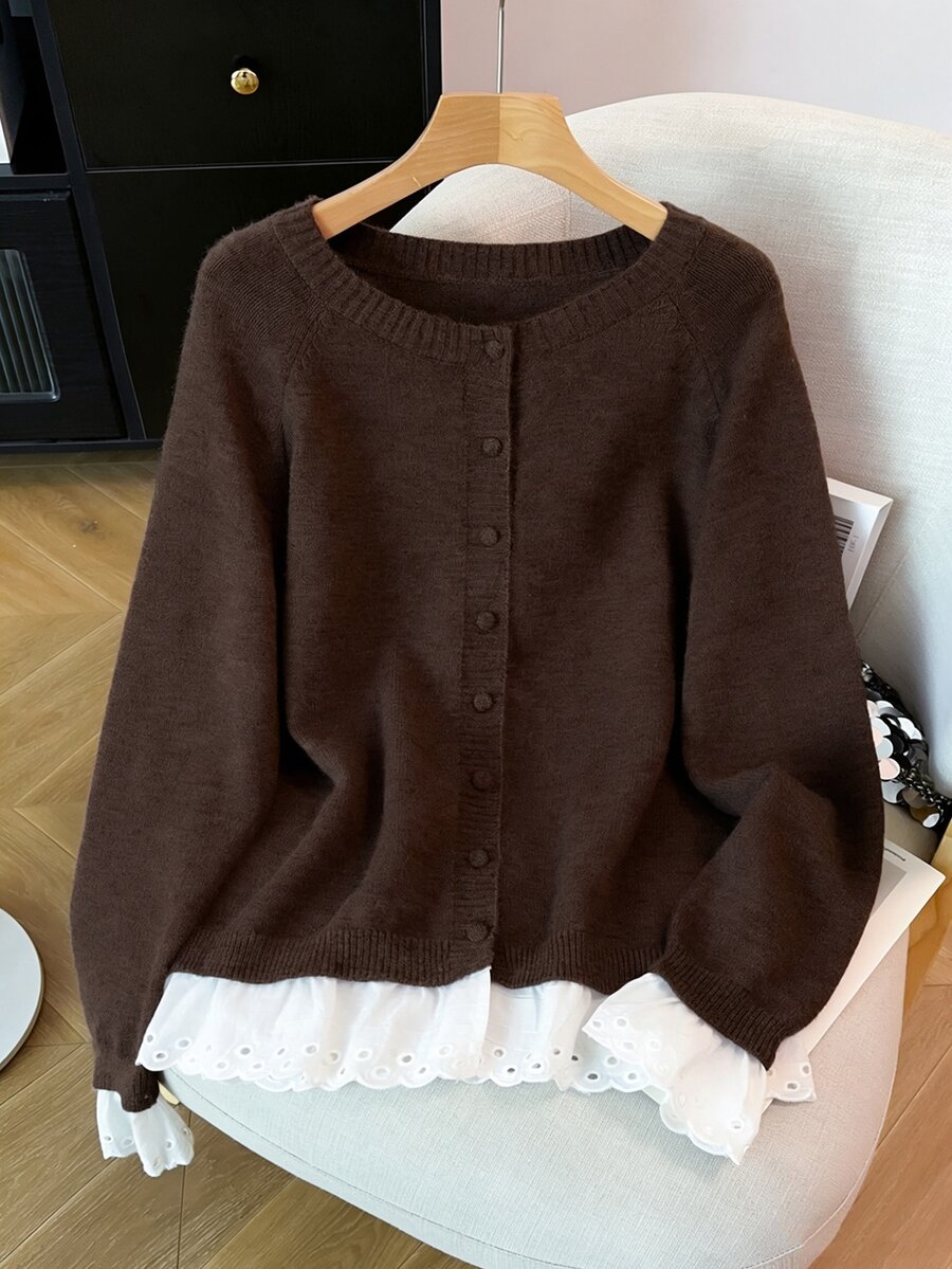 GlowEve CURVE Plus Size Women's Casual Dressy Traditional Lace Patchwork Ruffle Long Sleeve Button Round Neck Knit Cardigan Office Formal Formal Grey Autumn Winter - Coffee Brown - View 1