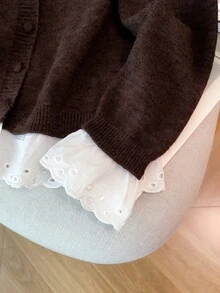 GlowEve CURVE Plus Size Women's Casual Dressy Traditional Lace Patchwork Ruffle Long Sleeve Button Round Neck Knit Cardigan Office Formal Formal Grey Autumn Winter - Coffee Brown - View 7