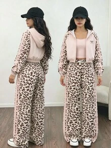 SHEIN Tween Girls Fall Outfits 3pcs Set Vintage Cute Cowgirl, Zipper Hoodies Loose, Knit, Fall, Holiday Outfits, Casual, Comfortable School Off Campus Pink - Apricot - View 3