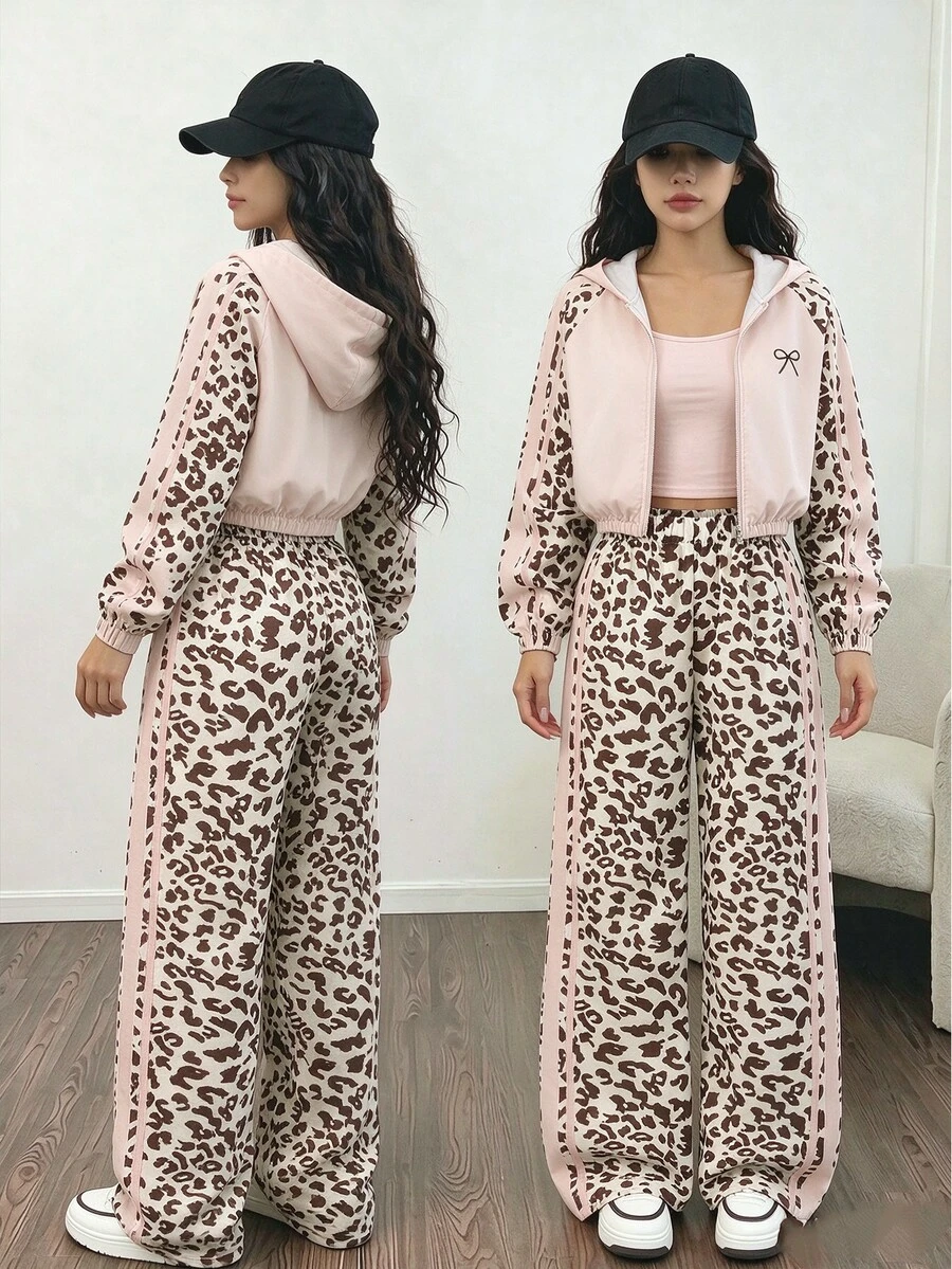 SHEIN 青少年女孩秋季套裝 3件組 復古可愛牛仔女孩風,拉鍊連帽衫 寬鬆,針織,假日,休閒,舒適 校園校外 粉色運動 - 杏色 - 查看 1