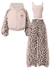 SHEIN Tween Girls Fall Outfits 3pcs Set Vintage Cute Cowgirl, Zipper Hoodies Loose, Knit, Fall, Holiday Outfits, Casual, Comfortable School Off Campus Pink - Apricot - View 1