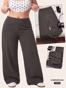 Comfortcana Plus Solid Wide Leg Pants Office Formal Black Autumn Casual Smart Elegant - Dark Grey - View 1