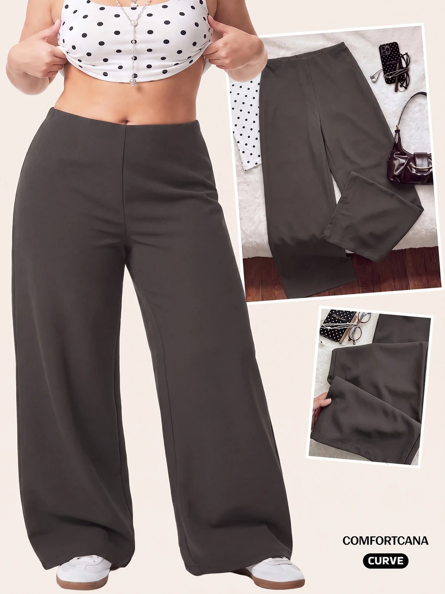 Comfortcana Plus Solid Wide Leg Pants Office Formal Black Autumn Casual Smart Elegant - Dark Grey - View 1
