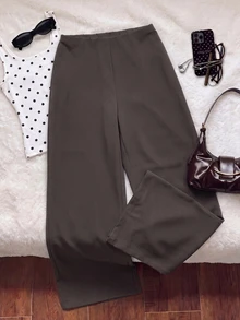 Comfortcana Plus Solid Wide Leg Pants Office Formal Black Autumn Casual Smart Elegant - Dark Grey - View 4
