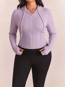 CovetEZ Plus Size Black Solid Color Full Zip Hooded Casual Jacket,Fall - Taro Purple - View 6
