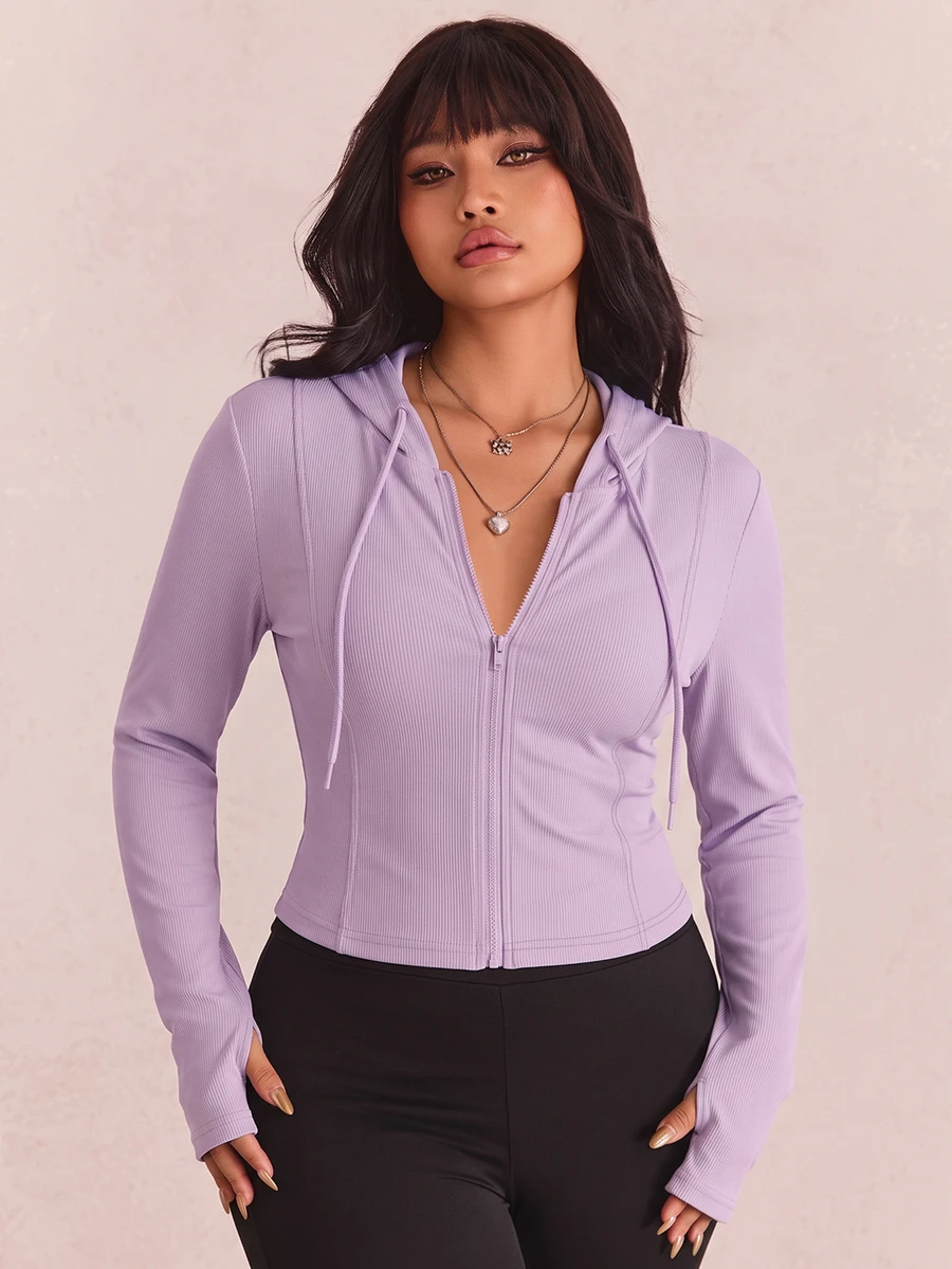CovetEZ Plus Size Black Solid Color Full Zip Hooded Casual Jacket,Fall - Taro Purple - View 1