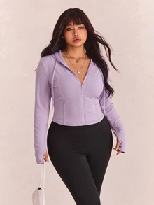 CovetEZ Plus Size Black Solid Color Full Zip Hooded Casual Jacket,Fall - Taro Purple - View 5