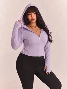 CovetEZ Plus Size Black Solid Color Full Zip Hooded Casual Jacket,Fall - Taro Purple - View 7