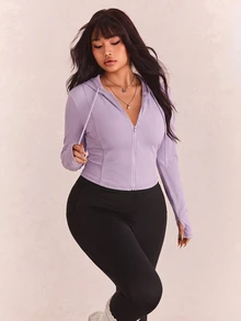 CovetEZ Plus Size Black Solid Color Full Zip Hooded Casual Jacket,Fall - Taro Purple - View 4