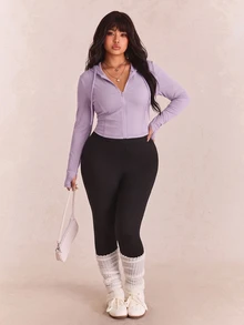 CovetEZ Plus Size Black Solid Color Full Zip Hooded Casual Jacket,Fall - Taro Purple - View 3