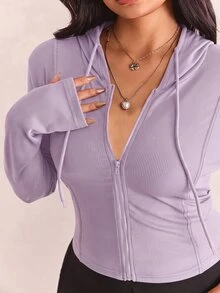 CovetEZ Plus Size Black Solid Color Full Zip Hooded Casual Jacket,Fall - Taro Purple - View 8