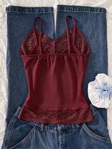 SHEIN Sparklyn Teen Girls Vintage Street Style Letter Print Colorblock Spaghetti Strap Sleeveless Cropped Tank Tops, Fall Tops, Autumn - Burgundy - View 2