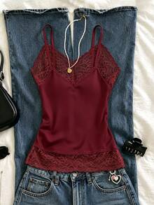 SHEIN Sparklyn Teen Girls Vintage Street Style Letter Print Colorblock Spaghetti Strap Sleeveless Cropped Tank Tops, Fall Tops, Autumn - Burgundy - View 3
